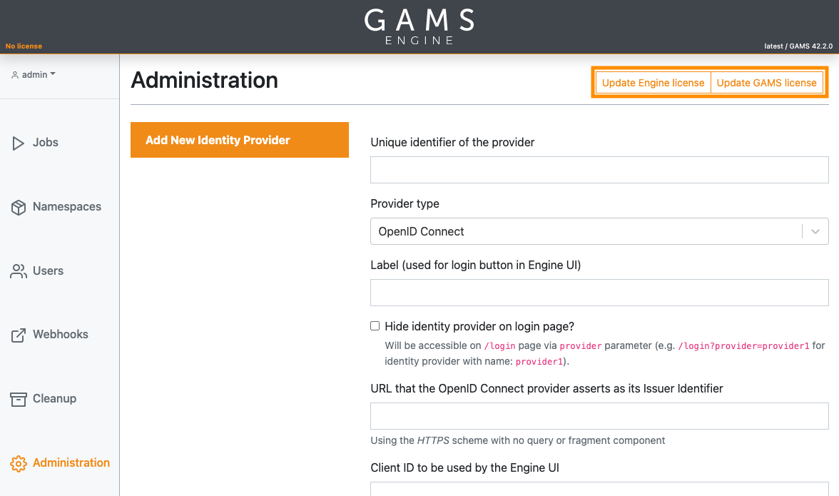 Providing Engine and GAMS license keys