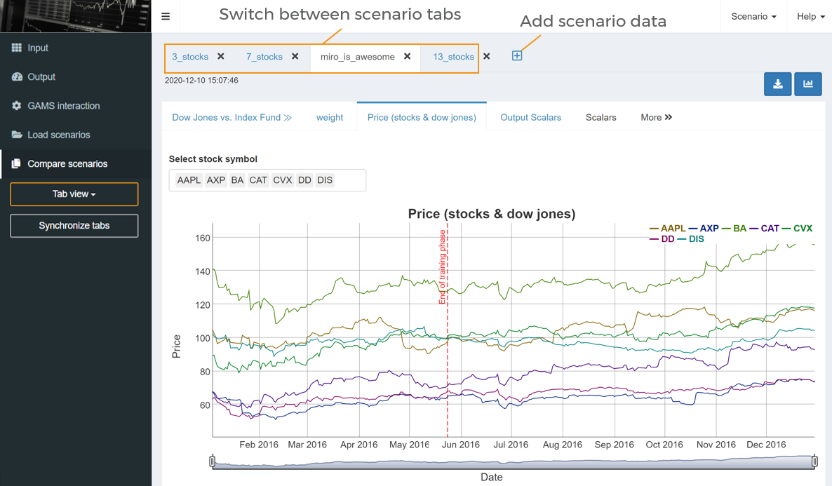 compare scenarios in tab view