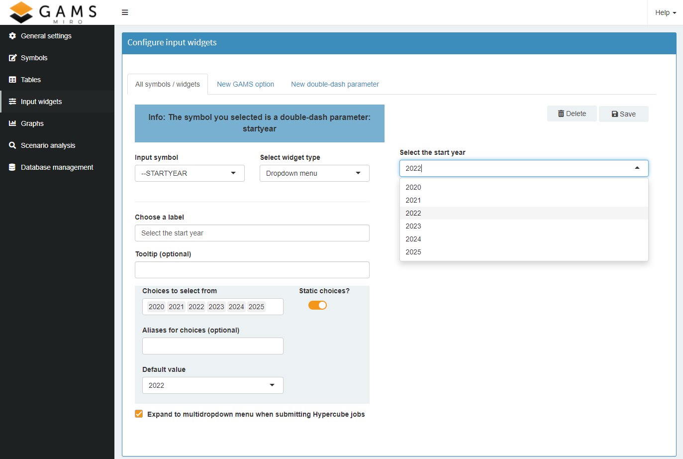 Configuration of input widgets and tables