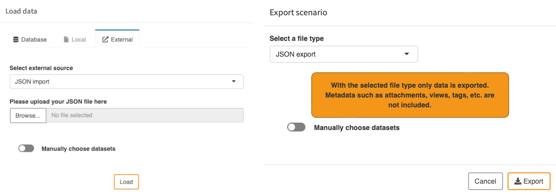 Custom data import and export functions displayed in the data load and export dialogs