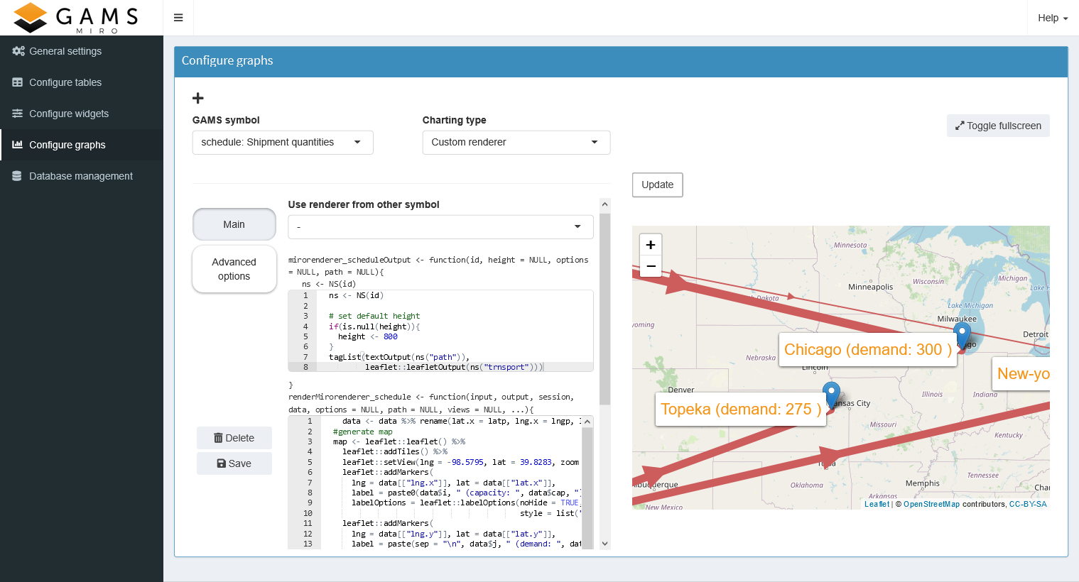 Custom renderer editor for transport configuration