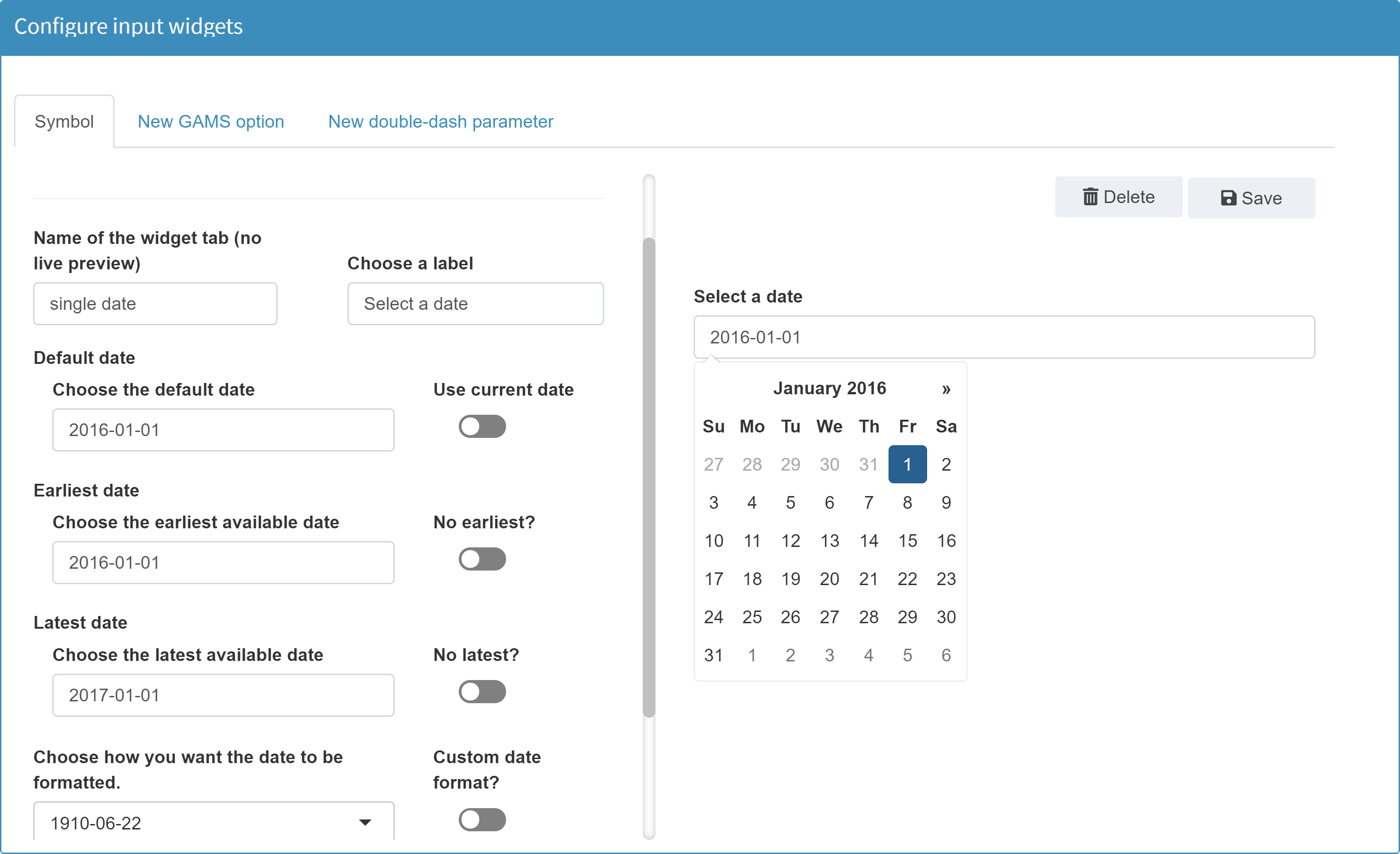 Date selector configuration