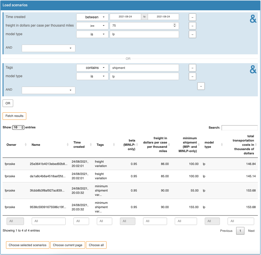 Results of database search by Batch Load module