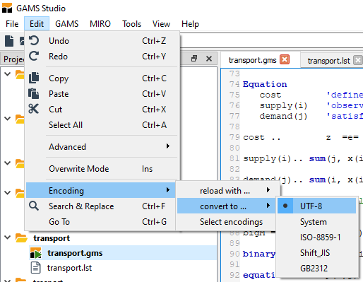 File encoding in GAMS Studio