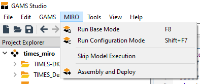 MIRO menu in GAMS Studio